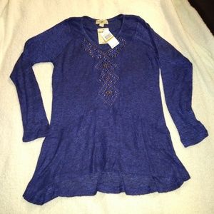 One World Heather Blue and Black Embellished High/Low Knitted Lightweigh Sweater